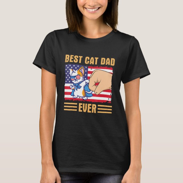 Paw Touching Hand US Flag America Best Cat Dad Eve T-Shirt (Front)