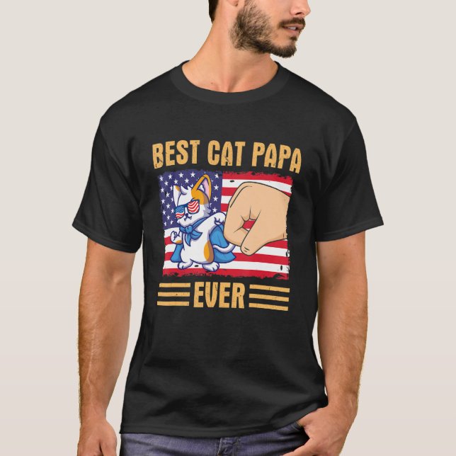 Paw Touching Hand US Flag America Best Cat Papa Ev T-Shirt (Front)