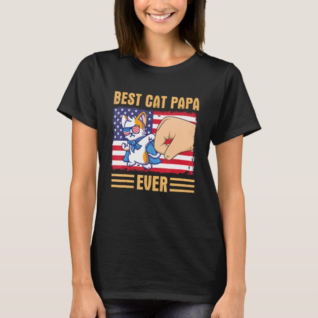 Paw Touching Hand US Flag America Best Cat Papa Ev T-Shirt (Front)