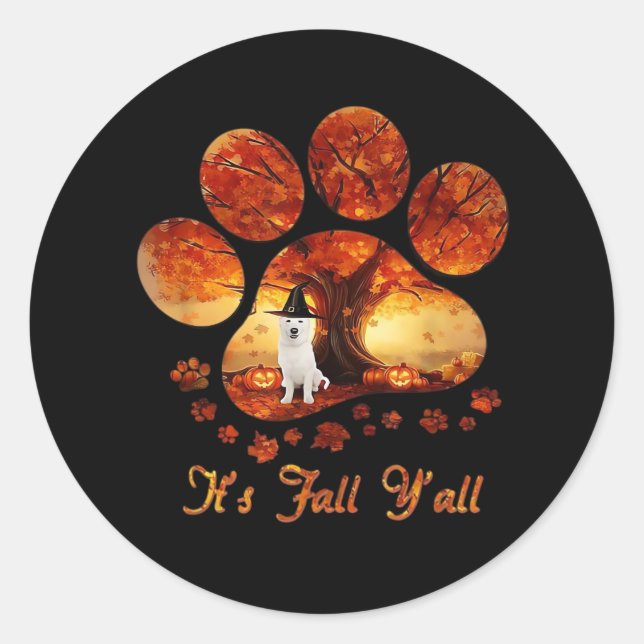 Paw Tree It’s Fall Y’all White Dog Classic Round Sticker (Front)