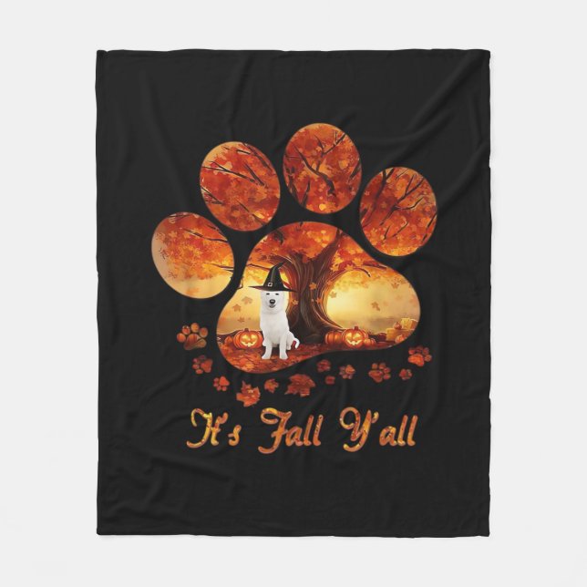 Paw Tree It’s Fall Y’all White Dog Fleece Blanket (Front)