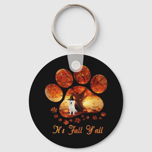 Paw Tree It’s Fall Y’all White Dog Key Ring (Front)