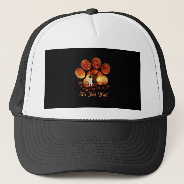 Paw Tree It’s Fall Y’all White Dog Trucker Hat (Front)