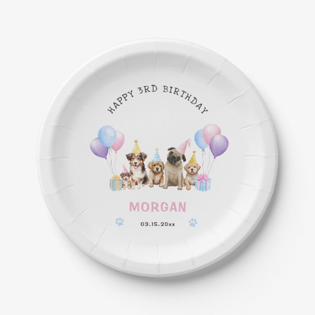 Paw-ty Dog Pink Birthday Watercolor Paper Plate (Front)