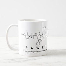 Mug featuring the name Pawel spelled out in the single letter amino acid code