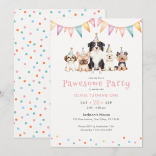 Pawesome Party Dogs Girl's First Birthday Invitation