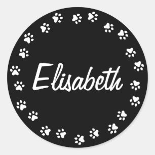 Pawprint border personalised name black and white classic round sticker