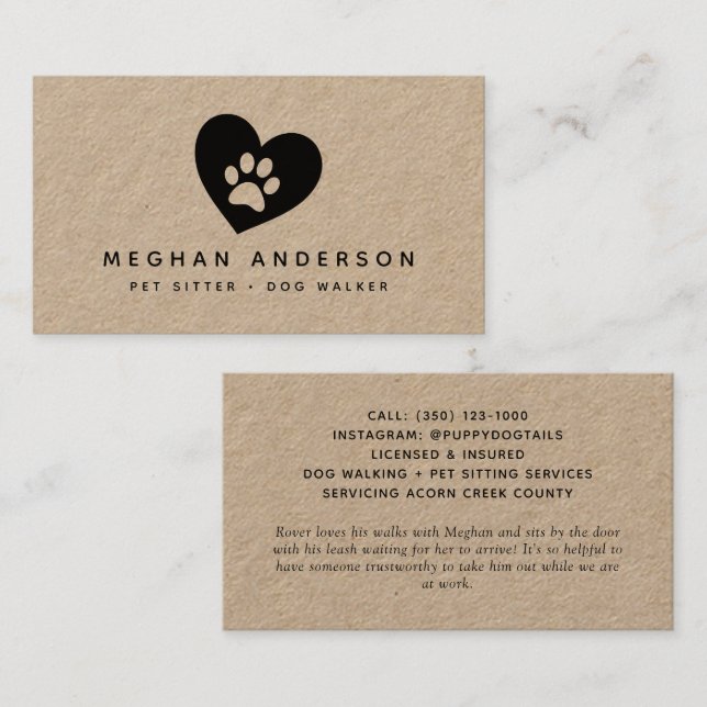 Pawprint Dog Walker Pet Sitter Kraft Business Card (Front/Back)