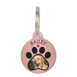 Pawprint Heart Photo Name Pet Dog Cat Rose Gold Tag