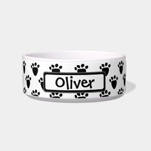 Pawprint Pattern Black White Personalised Pet Bowl