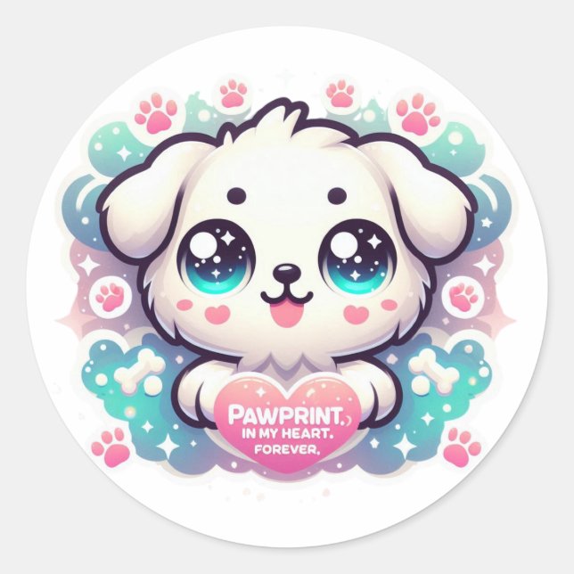 Pawprints on My Heart, Forever Kawaii Puppy Classic Round Sticker (Front)