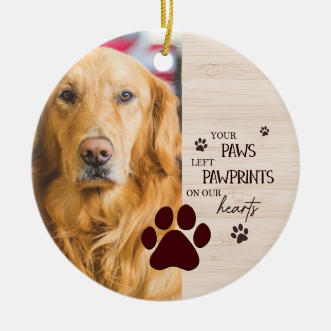 Pawprints on Our Hearts Personalised Dog Memorial Ceramic Tree Decoration (Front)