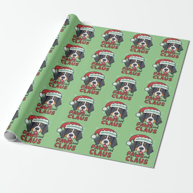 Paws and Claus - Christmas Bernese Dog Wrapping Paper (Unrolled)