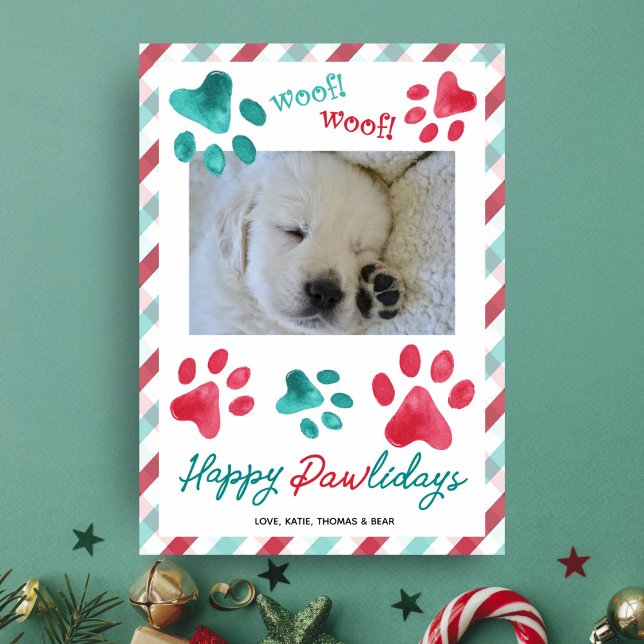 Paws and Plaid Happy Pawlidays Dog Photo Holiday Card (Creator Uploaded)