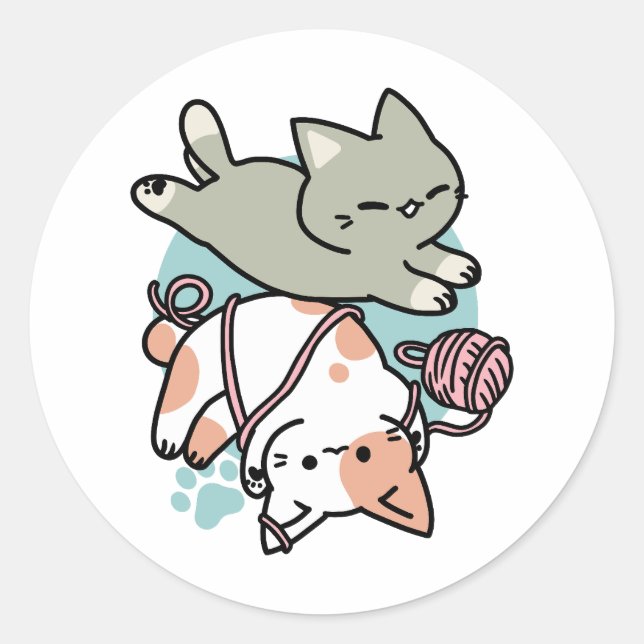 Paws and Play – Adorable Cat Illustration Classic Round Sticker (Front)
