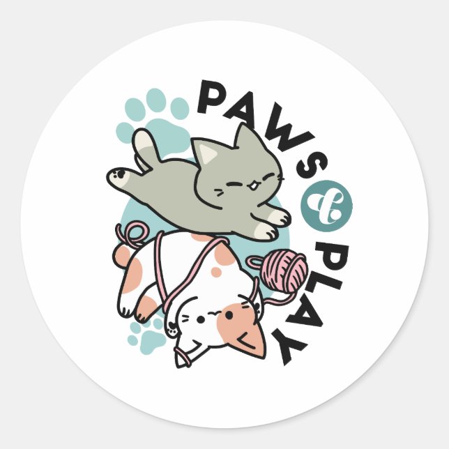 Paws and Play – Adorable Cat Illustration Classic Round Sticker (Front)