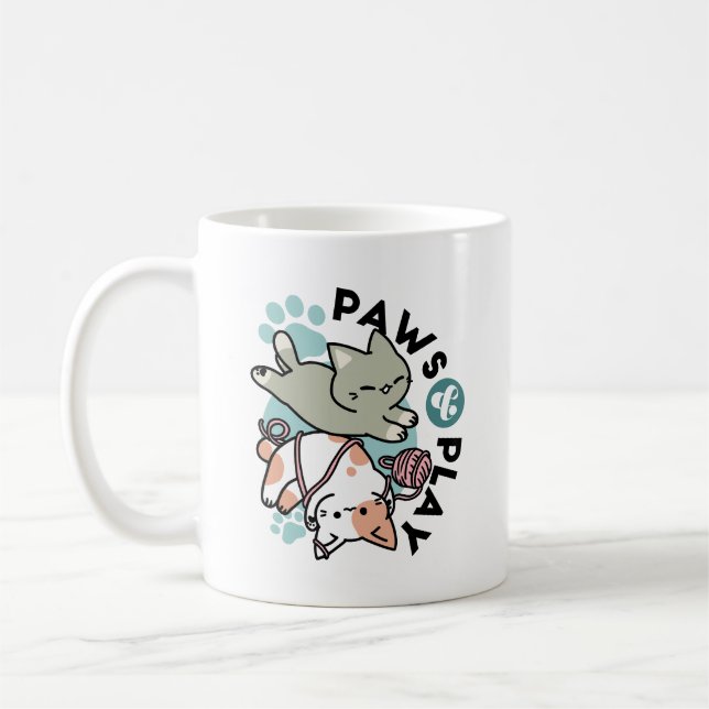 Paws and Play – Adorable Cat Illustration Coffee Mug (Left)