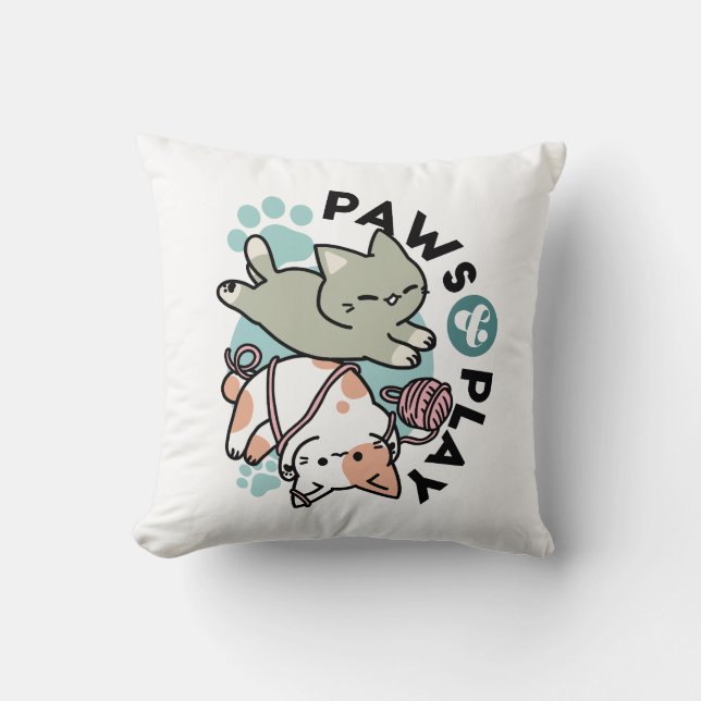 Paws and Play – Adorable Cat Illustration Cushion (Front)