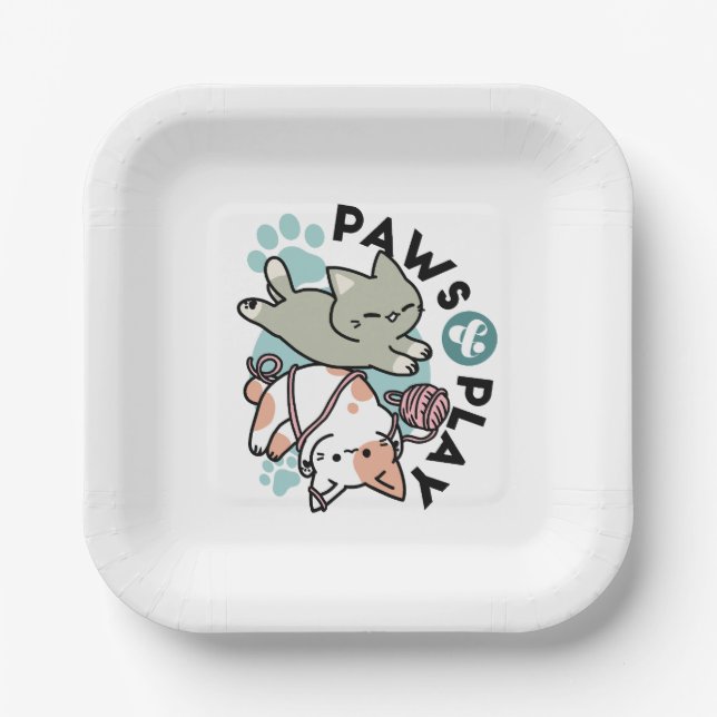 Paws and Play – Adorable Cat Illustration Paper Plate (Front)