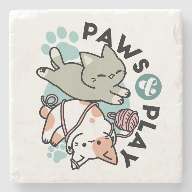 Paws and Play – Adorable Cat Illustration Stone Coaster (Front)