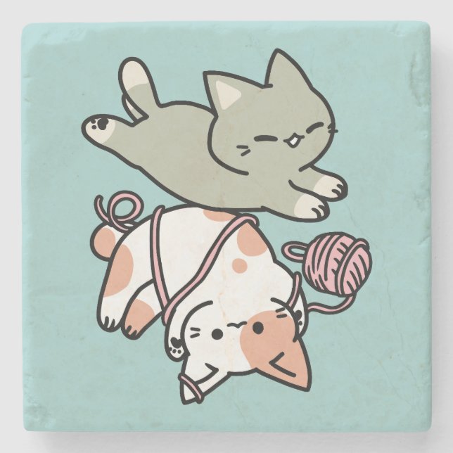 Paws and Play – Adorable Cat Illustration Stone Coaster (Front)