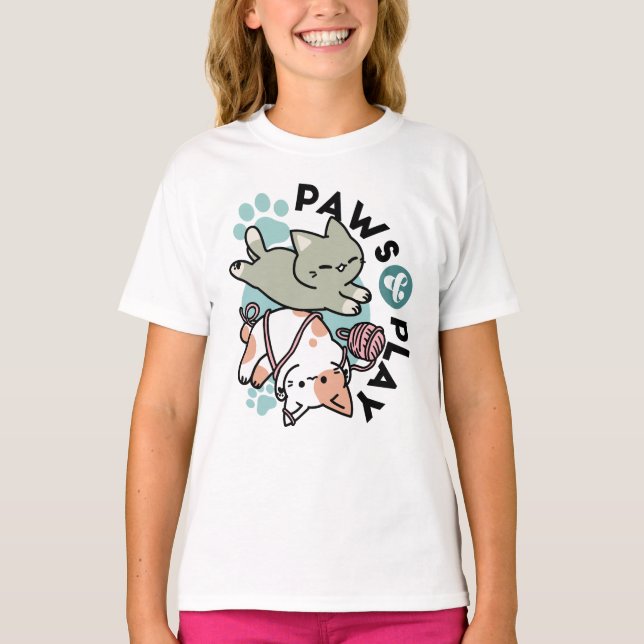 Paws and Play – Adorable Cat Illustration T-Shirt (Front)