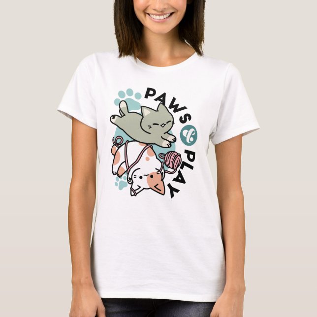 Paws and Play – Adorable Cat Illustration T-Shirt (Front)
