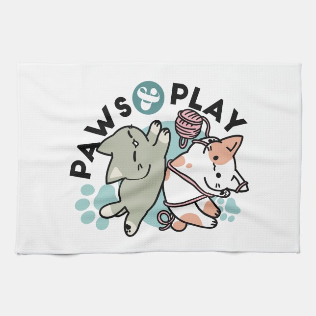 Paws and Play – Adorable Cat Illustration Tea Towel (Horizontal)