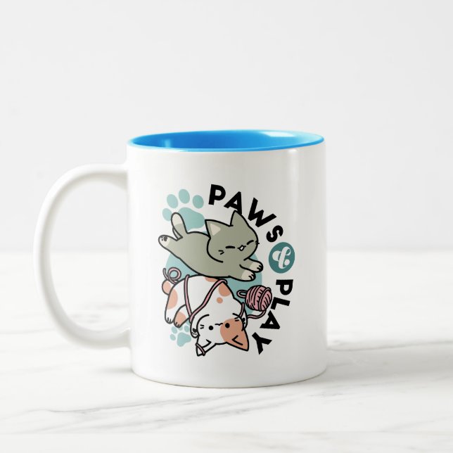 Paws and Play – Adorable Cat Illustration Two-Tone Coffee Mug (Left)