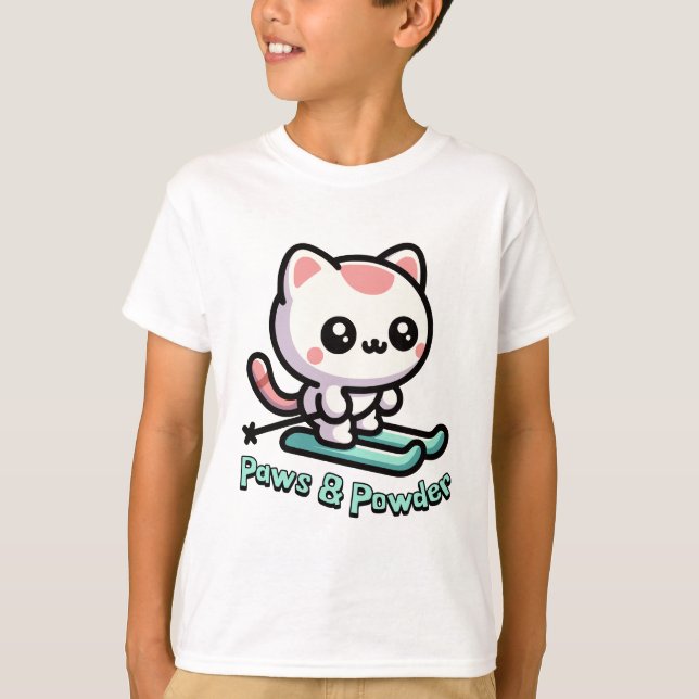 Paws And Powder! Cute Skiing Cat Pun Cartoon T-Shirt (Front)
