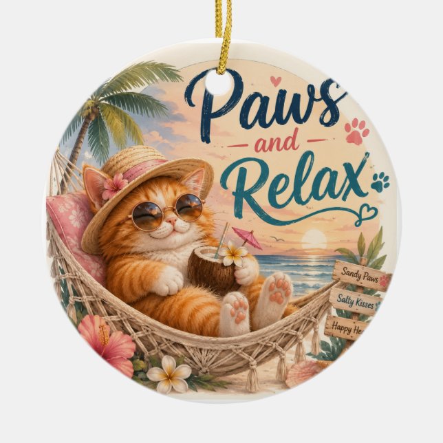 Paws and Relax Beach Cat Ceramic Tree Decoration (Front)