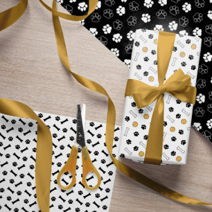 Paws Bones Balls Black White Dog Patterns Wrapping Paper Sheet