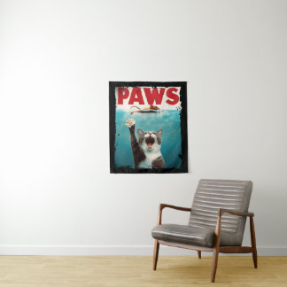 PAWS Cat Kitty Parody Of The Jaws Movie Poster  Tapestry