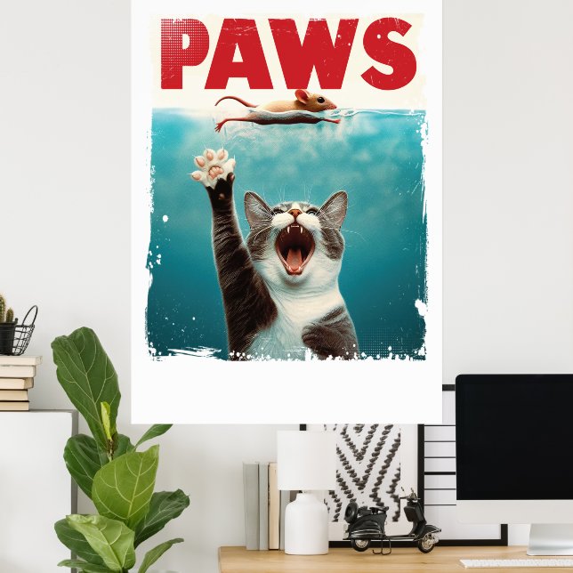 PAWS Cat Mouse Parody Of The Jaws Movie Poster (Home Office)