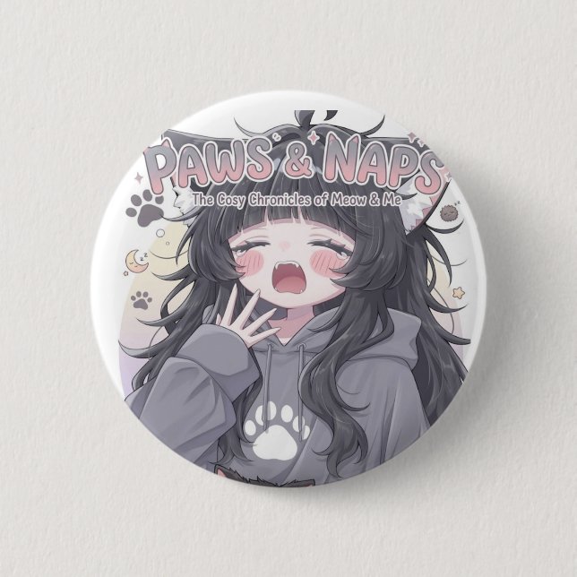 Paws & Naps Cute Yawning Anime Girl Button - Sleep (Front)
