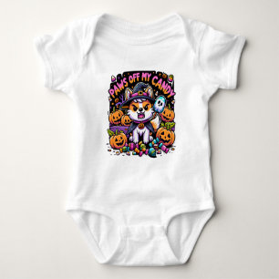 Paws Off My Candy Cute Halloween Cat in Witch Hat Baby Bodysuit