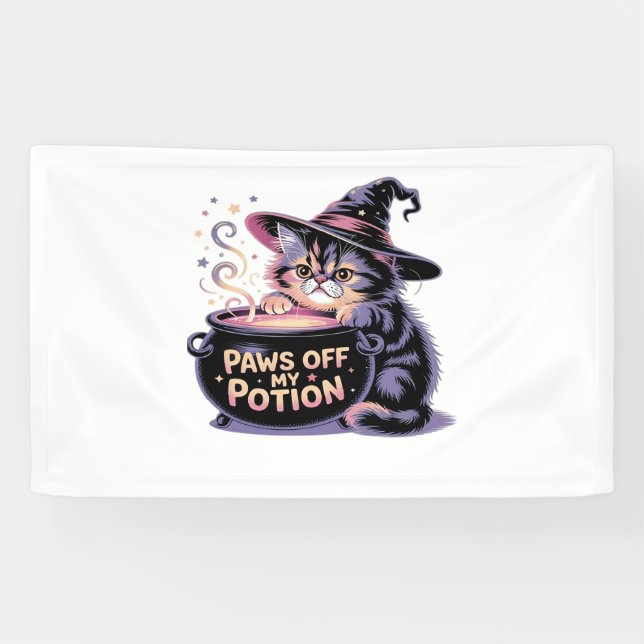 Paws Off My Potion, Kawaii Halloween Witch Cat Cla Banner (Horizontal)