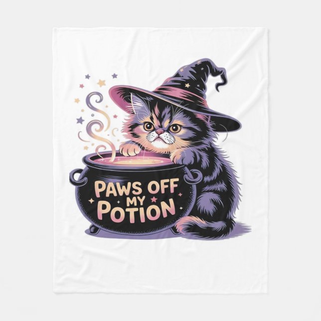 Paws Off My Potion, Kawaii Halloween Witch Cat Cla Fleece Blanket (Front)