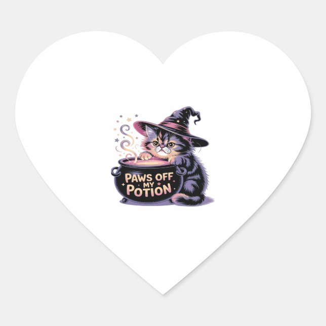 Paws Off My Potion, Kawaii Halloween Witch Cat Cla Heart Sticker (Front)