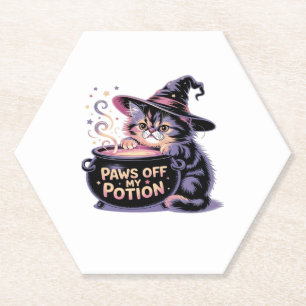 Paws Off My Potion, Kawaii Halloween Witch Cat Cla Paper Coaster