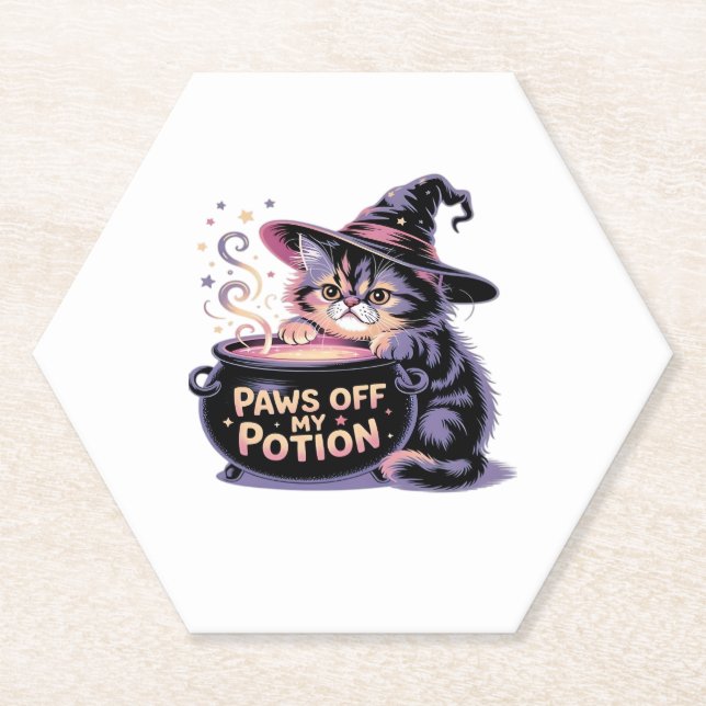 Paws Off My Potion, Kawaii Halloween Witch Cat Cla Paper Coaster (Front)