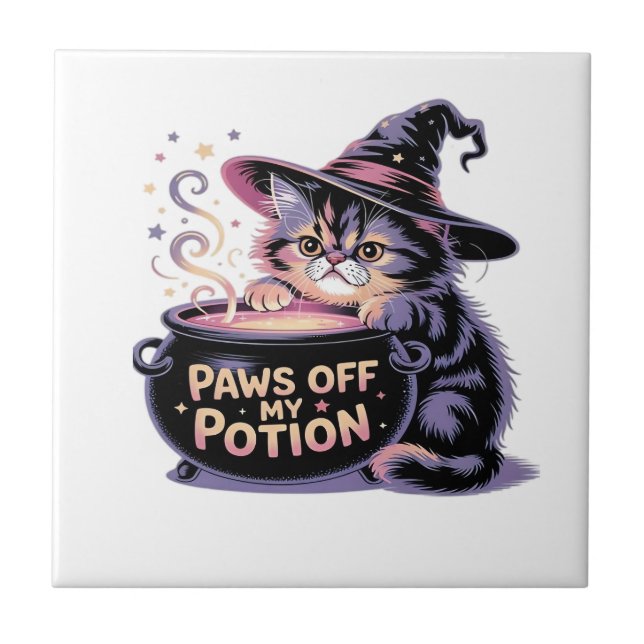 Paws Off My Potion, Kawaii Halloween Witch Cat Cla Tile (Front)