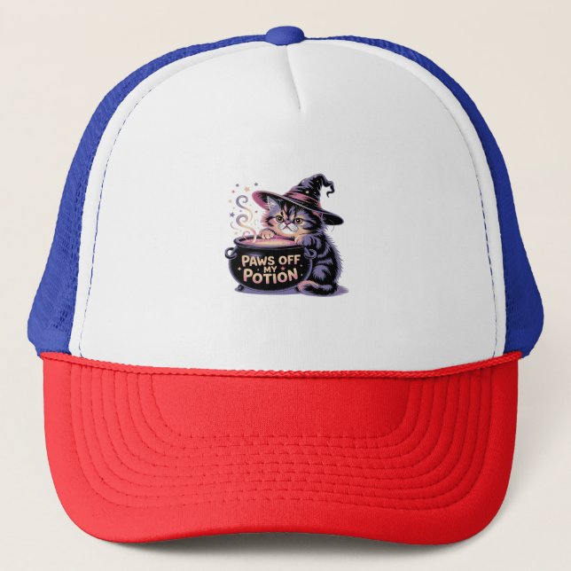 Paws Off My Potion, Kawaii Halloween Witch Cat Cla Trucker Hat (Front)