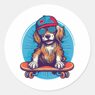 Paws on Wheels Retro Skater Dog Classic Round Sticker