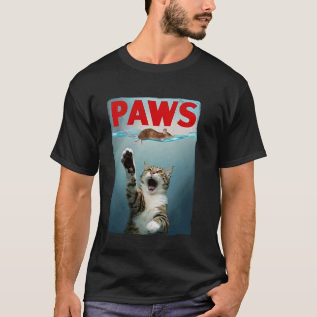 PAWS Parody Cat Mouse Funny Cat Chasing Mouse Kitt T-Shirt (Front)