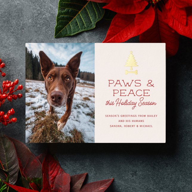 Paws Peace Festive Dog Pet Photo Christmas Foil Holiday Card (Creator Uploaded)