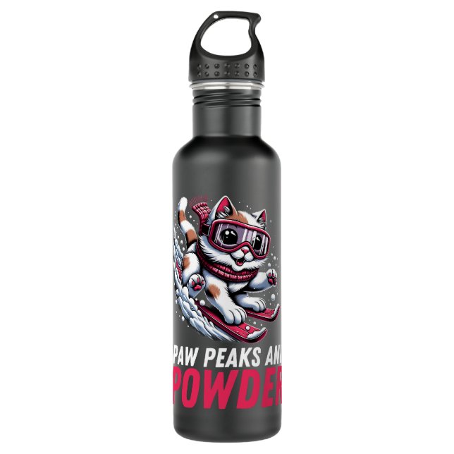 Paws Peaks and Powder Playful Skiing Cat Tee 710 Ml Water Bottle (Front)