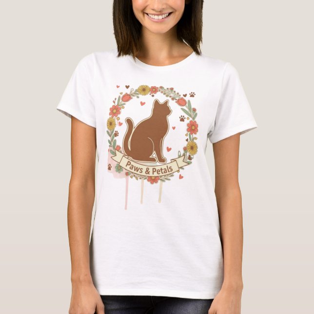 Paws & Petals Cat Floral Design T-Shirt (Front)