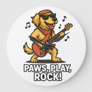 Paws play rock- Funny rock dog lovers design. Large Clock