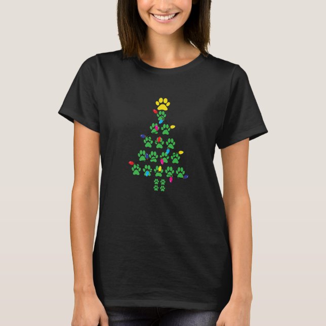 Paws Print Christmas Tree Funny Dog Cat Lover T-Shirt (Front)